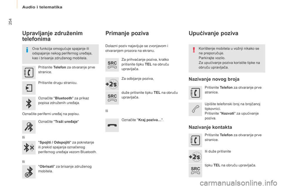 Peugeot Partner Tepee 2017 Vodič za korisnike (in Croatian) 254
Partner2VP_hr_Chap10a_SMEGplus_ed02-2016
Upravljanje združenim
telefonima
Ova funkcija omogućuje spajanje ili
odspajanje nekog perifernog uređaja,
kao i brisanje združenog mobitela.Korište Peugeot Partner Tepee 2017 Vodič za korisnike (in Croatian) 254
Partner2VP_hr_Chap10a_SMEGplus_ed02-2016
Upravljanje združenim
telefonima
Ova funkcija omogućuje spajanje ili
odspajanje nekog perifernog uređaja,
kao i brisanje združenog mobitela.Korište