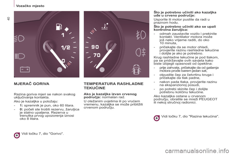 Peugeot Partner Tepee 2017 Vodič za korisnike (in Croatian) 40
Partner2VP_hr_Chap03_Pret-a-partir_ed02-2016Partner2VP_hr_Chap03_Pret-a-partir_ed02-2016
MJERAČ gORIVATEMPERATURA RASHLADNE
TEKUĆINE
Ako je kazaljka izvan crvenog
područja: normalan rad.
U o Peugeot Partner Tepee 2017 Vodič za korisnike (in Croatian) 40
Partner2VP_hr_Chap03_Pret-a-partir_ed02-2016Partner2VP_hr_Chap03_Pret-a-partir_ed02-2016
MJERAČ gORIVATEMPERATURA RASHLADNE
TEKUĆINE
Ako je kazaljka izvan crvenog
područja: normalan rad.
U o