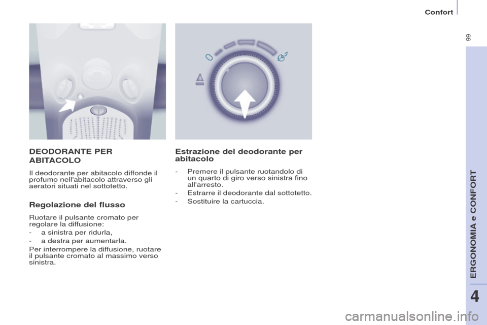 Peugeot Partner Tepee 2017  Manuale del proprietario (in Italian)  99
Partner2VP_it_Chap04_Ergonomie_ed02-2016
Confort
Partner2VP_it_Chap04_Ergonomie_ed02-2016
DEODORANTE PER 
ABIT
ACOLO
Il deodorante per abitacolo diffonde il 
profumo nellabitacolo attraverso gli 