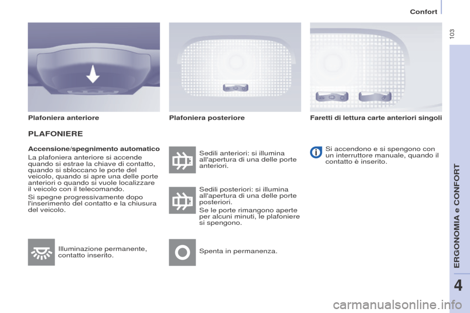 Peugeot Partner Tepee 2017  Manuale del proprietario (in Italian)  103
Partner2VP_it_Chap04_Ergonomie_ed02-2016
Confort
Partner2VP_it_Chap04_Ergonomie_ed02-2016
Accensione/spegnimento automatico
La plafoniera anteriore si accende 
quando si estrae la chiave di conta