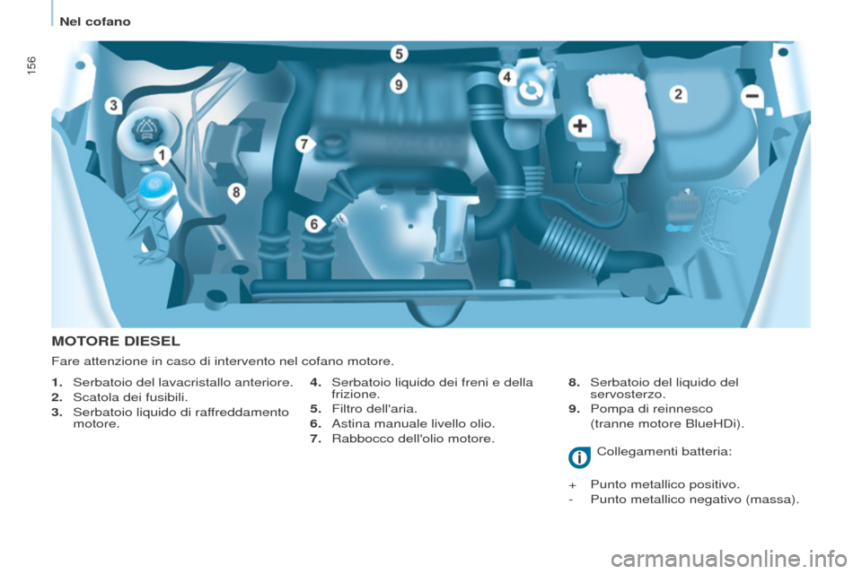 Peugeot Partner Tepee 2017  Manuale del proprietario (in Italian) 156
Partner2VP_it_Chap07_Verification_ed02-2016Partner2VP_it_Chap07_Verification_ed02-2016
MOTORE DIESEL
4. Serbatoio liquido dei freni e della 
frizione.
5.
 
Filtro dellaria.
6.

 
Astina manuale l