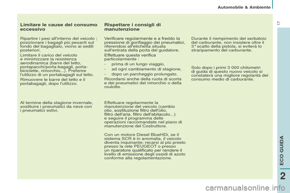Peugeot Partner Tepee 2017 Manuale del proprietario (in Italian) 17
Automobile & Ambiente
Partner2VP_it_Chap02_eco-conduite_ed02-2016
Limitare le cause del consumo
eccessivo
Ripartire i pesi allinterno del veicolo ;
posizionare i bagagli più pesanti sul
fondo Peugeot Partner Tepee 2017 Manuale del proprietario (in Italian) 17
Automobile & Ambiente
Partner2VP_it_Chap02_eco-conduite_ed02-2016
Limitare le cause del consumo
eccessivo
Ripartire i pesi allinterno del veicolo ;
posizionare i bagagli più pesanti sul
fondo