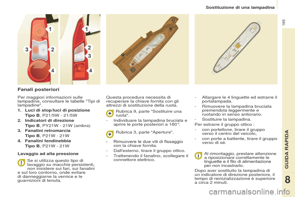 Peugeot Partner Tepee 2017 Manuale del proprietario (in Italian) 185
Partner2VP_it_Chap08_Aide-rapide_ed02-2016
Sostituzione di una lampadina
Partner2VP_it_Chap08_Aide-rapide_ed02-2016
Fanali posteriori
Questa procedura necessita di
recuperare la chiave fornita co Peugeot Partner Tepee 2017 Manuale del proprietario (in Italian) 185
Partner2VP_it_Chap08_Aide-rapide_ed02-2016
Sostituzione di una lampadina
Partner2VP_it_Chap08_Aide-rapide_ed02-2016
Fanali posteriori
Questa procedura necessita di
recuperare la chiave fornita co