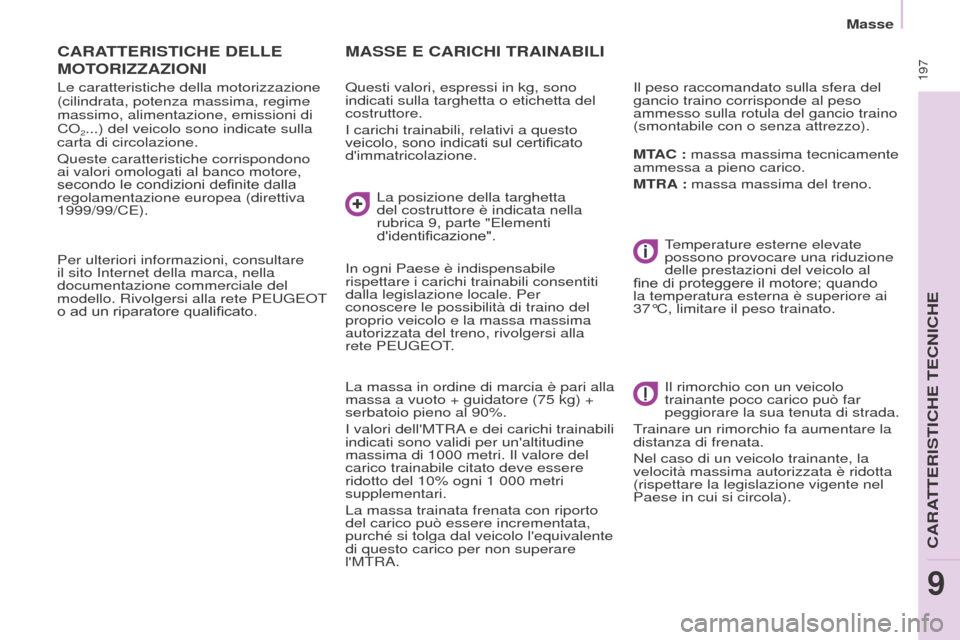 Peugeot Partner Tepee 2017 Manuale del proprietario (in Italian) 197
Partner2VP_it_Chap09_Caract-technique_ed02-2016Partner2VP_it_Chap09_Caract-technique_ed02-2016
CARATTERISTICHE DELLE
MOT
ORIZZAZIONI
Le caratteristiche della motorizzazione
(cilindrata, potenz Peugeot Partner Tepee 2017 Manuale del proprietario (in Italian) 197
Partner2VP_it_Chap09_Caract-technique_ed02-2016Partner2VP_it_Chap09_Caract-technique_ed02-2016
CARATTERISTICHE DELLE
MOT
ORIZZAZIONI
Le caratteristiche della motorizzazione
(cilindrata, potenz
