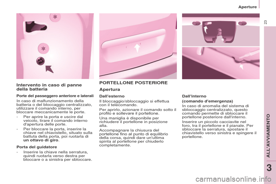 Peugeot Partner Tepee 2017 Manuale del proprietario (in Italian) 23
Aperture
Partner2VP_it_Chap03_Pret-a-partir_ed02-2016
Intervento in caso di panne
della batteria
Porte del passeggero anteriore e laterali
In caso di malfunzionamento della
batteria o del bloccag Peugeot Partner Tepee 2017 Manuale del proprietario (in Italian) 23
Aperture
Partner2VP_it_Chap03_Pret-a-partir_ed02-2016
Intervento in caso di panne
della batteria
Porte del passeggero anteriore e laterali
In caso di malfunzionamento della
batteria o del bloccag
