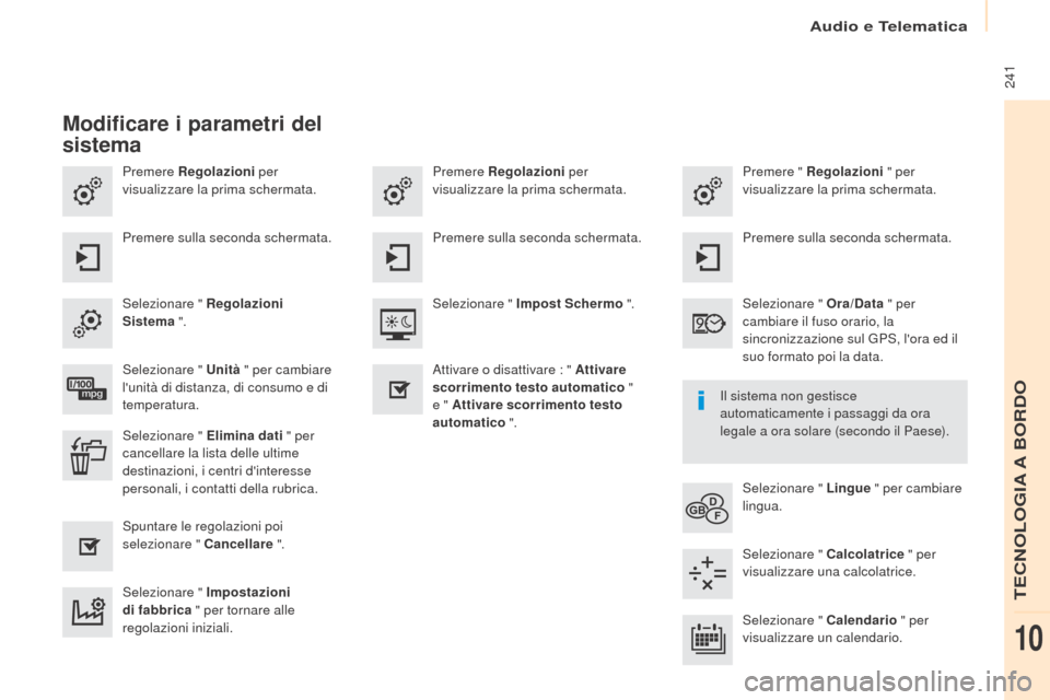 Peugeot Partner Tepee 2017 Manuale del proprietario (in Italian) 241
Partner2VP_it_Chap10a_SMEGplus_ed02-2016
Premere Regolazioni per
visualizzare la prima schermata. Premere " Regolazioni
" per
visualizzare la prima schermata.
Premere Regolazioni
per
visuali Peugeot Partner Tepee 2017 Manuale del proprietario (in Italian) 241
Partner2VP_it_Chap10a_SMEGplus_ed02-2016
Premere Regolazioni per
visualizzare la prima schermata. Premere " Regolazioni
" per
visualizzare la prima schermata.
Premere Regolazioni
per
visuali