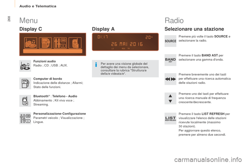 Peugeot Partner Tepee 2017 Manuale del proprietario (in Italian) 268
Partner2VP_it_Chap10b_RD45_ed02-2016
Menu
Display C
Funzioni audio
Radio ; CD ; USB ; AUX.
Computer di bordo
Indicazione delle distanze ; Allarmi;
Stato delle funzioni.
Bluetooth
® : Telefono - Peugeot Partner Tepee 2017 Manuale del proprietario (in Italian) 268
Partner2VP_it_Chap10b_RD45_ed02-2016
Menu
Display C
Funzioni audio
Radio ; CD ; USB ; AUX.
Computer di bordo
Indicazione delle distanze ; Allarmi;
Stato delle funzioni.
Bluetooth
® : Telefono -