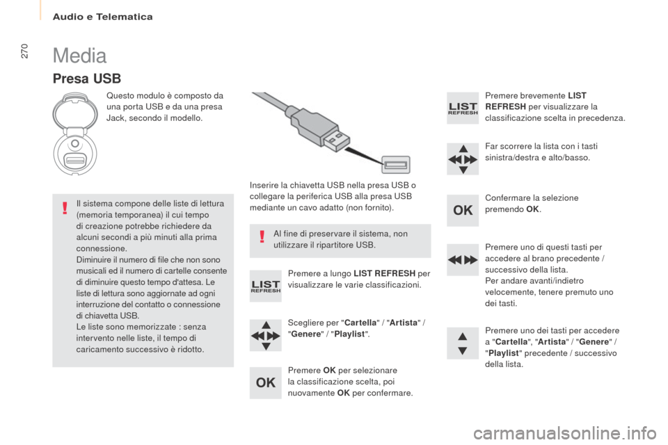 Peugeot Partner Tepee 2017 Manuale del proprietario (in Italian) 270
Partner2VP_it_Chap10b_RD45_ed02-2016
Media
Presa USB
Questo modulo è composto da
una porta USB e da una presa
Jack, secondo il modello.Inserire la chiavetta USB nella presa USB o
collegare la Peugeot Partner Tepee 2017 Manuale del proprietario (in Italian) 270
Partner2VP_it_Chap10b_RD45_ed02-2016
Media
Presa USB
Questo modulo è composto da
una porta USB e da una presa
Jack, secondo il modello.Inserire la chiavetta USB nella presa USB o
collegare la