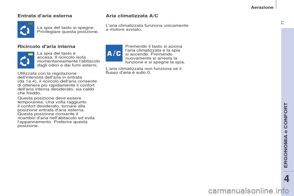Peugeot Partner Tepee 2017 Manuale del proprietario (in Italian) 71
Partner2VP_it_Chap04_Ergonomie_ed02-2016
Aerazione
Partner2VP_it_Chap04_Ergonomie_ed02-2016
Entrata daria esterna
Ricircolo daria internaAria climatizzata A/C
La spia del tasto si spegne.
Privi Peugeot Partner Tepee 2017 Manuale del proprietario (in Italian) 71
Partner2VP_it_Chap04_Ergonomie_ed02-2016
Aerazione
Partner2VP_it_Chap04_Ergonomie_ed02-2016
Entrata daria esterna
Ricircolo daria internaAria climatizzata A/C
La spia del tasto si spegne.
Privi