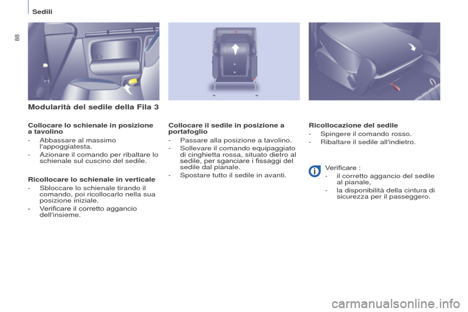 Peugeot Partner Tepee 2017  Manuale del proprietario (in Italian) 88
Partner2VP_it_Chap04_Ergonomie_ed02-2016
Sedili
Partner2VP_it_Chap04_Ergonomie_ed02-2016
Modularità del sedile della Fila 3
Collocare lo schienale in posizione 
a tavolino
- 
Abbassare al massimo 