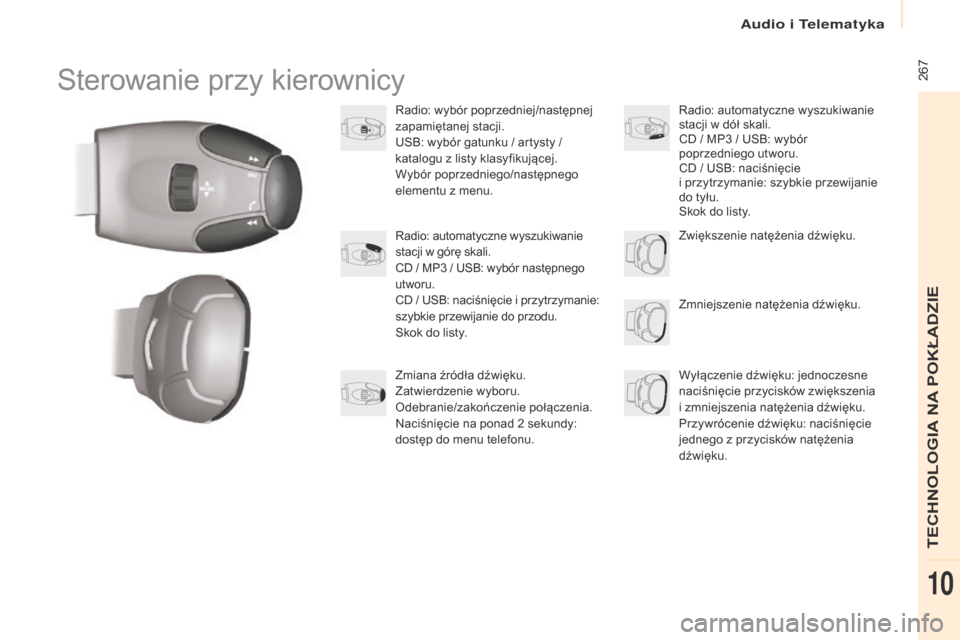 Peugeot Partner Tepee 2017  Instrukcja Obsługi (in Polish)  267
Partner2VP_pl_Chap10b_RD45_ed02-2016
Sterowanie przy kierownicy
Radio: wybór poprzedniej/następnej 
zapamiętanej stacji.
USB: wybór gatunku / artysty / 
katalogu z  listy klasyfikującej.
Wyb
