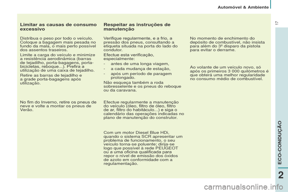 Peugeot Partner Tepee 2017 Manual do proprietário (in Portuguese) 17
Partner2VP_pt_Chap02_eco-conduite_ed02-2016
Limitar as causas de consumo
excessivo
Distribua o peso por todo o veículo.
Coloque a bagagem mais pesada no
fundo da mala, o mais perto possível
d Peugeot Partner Tepee 2017 Manual do proprietário (in Portuguese) 17
Partner2VP_pt_Chap02_eco-conduite_ed02-2016
Limitar as causas de consumo
excessivo
Distribua o peso por todo o veículo.
Coloque a bagagem mais pesada no
fundo da mala, o mais perto possível
d