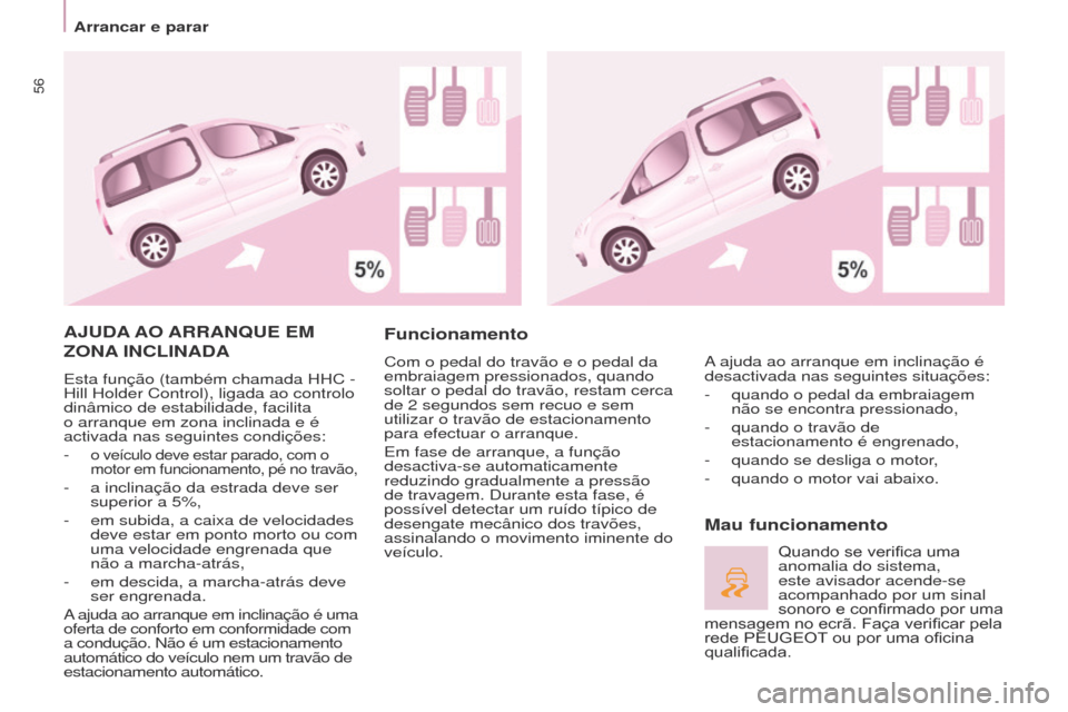Peugeot Partner Tepee 2017 Manual do proprietário (in Portuguese) 56
Partner2VP_pt_Chap03_Pret-a-partir_ed02-2016Partner2VP_pt_Chap03_Pret-a-partir_ed02-2016
AJUDA AO ARRAN q UE EM
z ONA
INCLINADA
Esta função (também chamada HHC -
Hill Holder Control), l Peugeot Partner Tepee 2017 Manual do proprietário (in Portuguese) 56
Partner2VP_pt_Chap03_Pret-a-partir_ed02-2016Partner2VP_pt_Chap03_Pret-a-partir_ed02-2016
AJUDA AO ARRAN q UE EM
z ONA
INCLINADA
Esta função (também chamada HHC -
Hill Holder Control), l