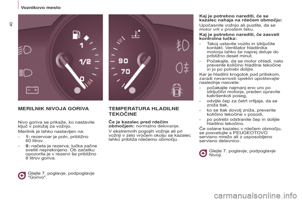 Peugeot Partner Tepee 2017 Priročnik za lastnika (in Slovenian) 40
Partner2VP_sl_Chap03_Pret-a-partir_ed02-2016Partner2VP_sl_Chap03_Pret-a-partir_ed02-2016
MERILNIK NIVOJA GORIVAT EMPERATURA HLADILNE
TEKOČINE
Če je kazalec pred rdečim
območjem: normalno de Peugeot Partner Tepee 2017 Priročnik za lastnika (in Slovenian) 40
Partner2VP_sl_Chap03_Pret-a-partir_ed02-2016Partner2VP_sl_Chap03_Pret-a-partir_ed02-2016
MERILNIK NIVOJA GORIVAT EMPERATURA HLADILNE
TEKOČINE
Če je kazalec pred rdečim
območjem: normalno de