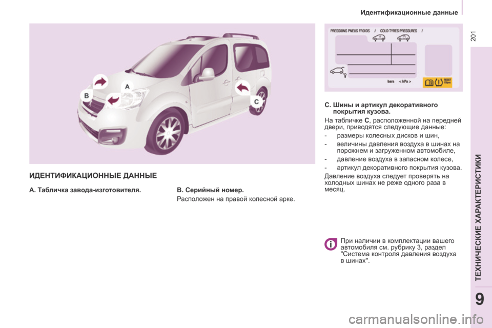 Peugeot Partner Tepee 2017  Инструкция по эксплуатации (in Russian)  201
Partner2VP_ru_Chap09_Caract-technique_ed02-2016Partner2VP_ru_Chap09_Caract-technique_ed02-2016
ИДЕНТИФИКАцИОННЫЕ ДАННЫЕ
A. Табличка завода-изготовит