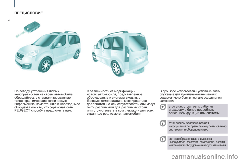 Peugeot Partner Tepee 2017 Инструкция по эксплуатации (in Russian) 4
Partner2VP_ru_Chap01_vue-ensemble_ed02-2016
ПРЕДИСЛОВИЕ
В брошюре использованы условные знаки,
служащие для привлечения внима Peugeot Partner Tepee 2017 Инструкция по эксплуатации (in Russian) 4
Partner2VP_ru_Chap01_vue-ensemble_ed02-2016
ПРЕДИСЛОВИЕ
В брошюре использованы условные знаки,
служащие для привлечения внима