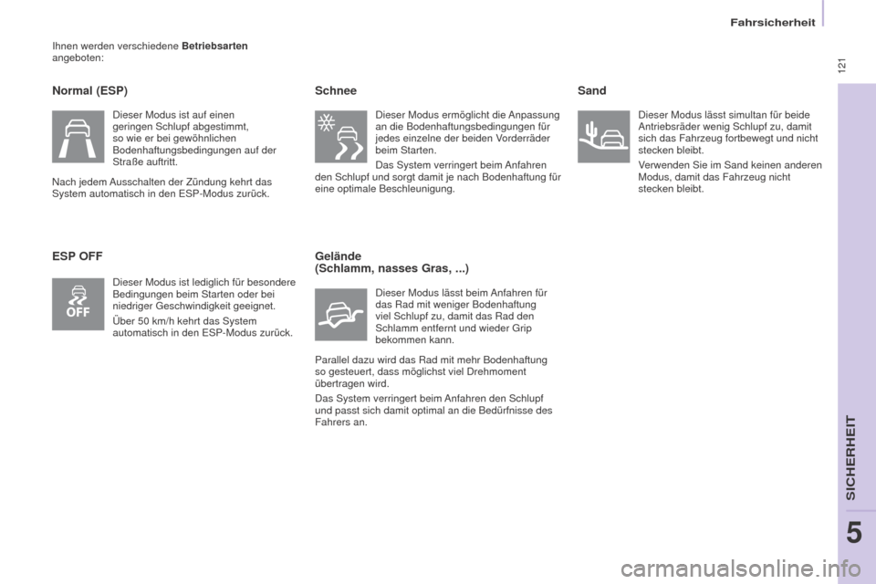 Peugeot Partner Tepee 2016 Betriebsanleitung (in German) 121
Partner-2-VP_de_Chap05_Securite_ed02-2015
Ihnen werden verschiedene Betriebsarten
angeboten:
Normal (ESP)
ESP OFF Schnee
Dieser Modus ermöglicht die Anpassung
an die Bodenhaftungsbedingungen f Peugeot Partner Tepee 2016 Betriebsanleitung (in German) 121
Partner-2-VP_de_Chap05_Securite_ed02-2015
Ihnen werden verschiedene Betriebsarten
angeboten:
Normal (ESP)
ESP OFF Schnee
Dieser Modus ermöglicht die Anpassung
an die Bodenhaftungsbedingungen f