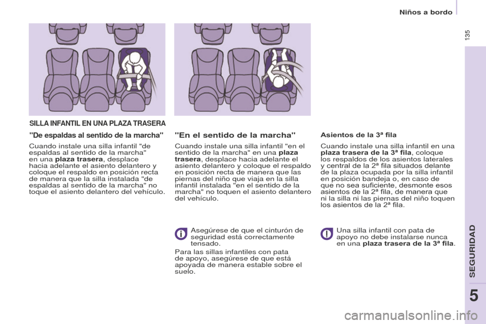 Peugeot Partner Tepee 2016  Manual del propietario (in Spanish)  135 135
SILLA INFANTIL  EN   UNA  PLA z A  TRASERA
"De espaldas al sentido de la marcha"
Cuando instale una silla infantil "de 
espaldas al sentido de la marcha" 
en una plaza trasera, desplace 
haci