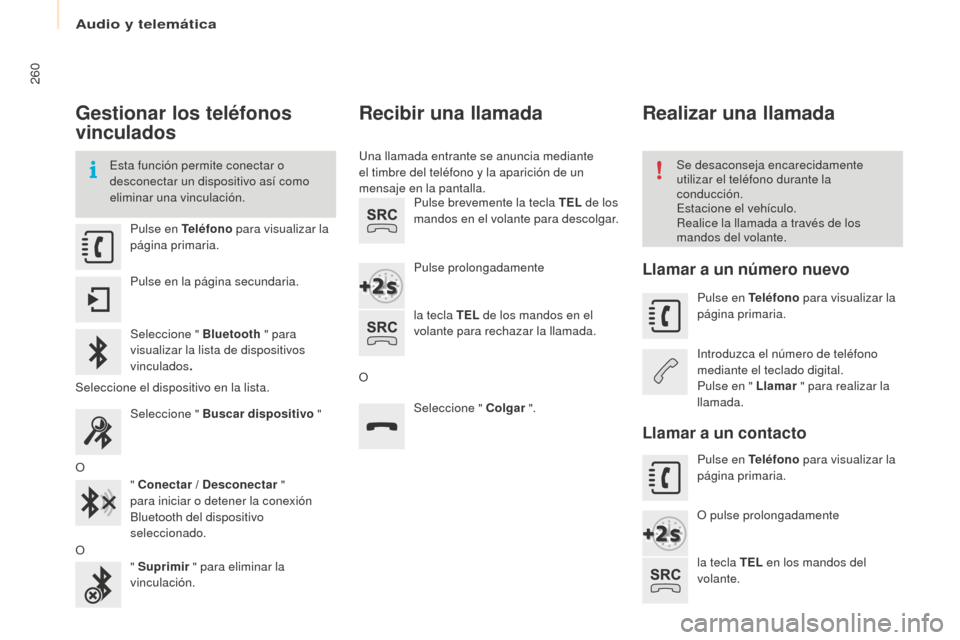 Peugeot Partner Tepee 2016  Manual del propietario (in Spanish) 260
Gestionar los teléfonos 
vinculados
Esta función permite conectar o 
desconectar un dispositivo así como 
eliminar una vinculación.Se desaconseja encarecidamente 
utilizar el teléfono durante