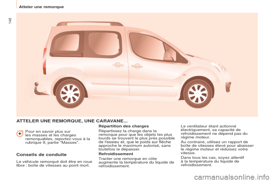 Peugeot Partner Tepee 2016  Manuel du propriétaire (in French) 148
Atteler une remorquePour en savoir plus sur 
les masses et les charges 
remorquables, reportez-vous à la 
rubrique 9, partie "Masses".
ATTELER   UNE   REMORQUE ,  UNE   CARAVANE ...
Répartition 