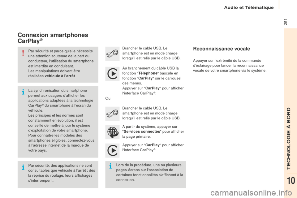 Peugeot Partner Tepee 2016 Manuel du propriétaire (in French) Audio et Télématique
251
Par sécurité et parce quelle nécessite
une attention soutenue de la part du
conducteur, lutilisation du smartphone
est interdite en conduisant.
Les manipulations do Peugeot Partner Tepee 2016 Manuel du propriétaire (in French) Audio et Télématique
251
Par sécurité et parce quelle nécessite
une attention soutenue de la part du
conducteur, lutilisation du smartphone
est interdite en conduisant.
Les manipulations do