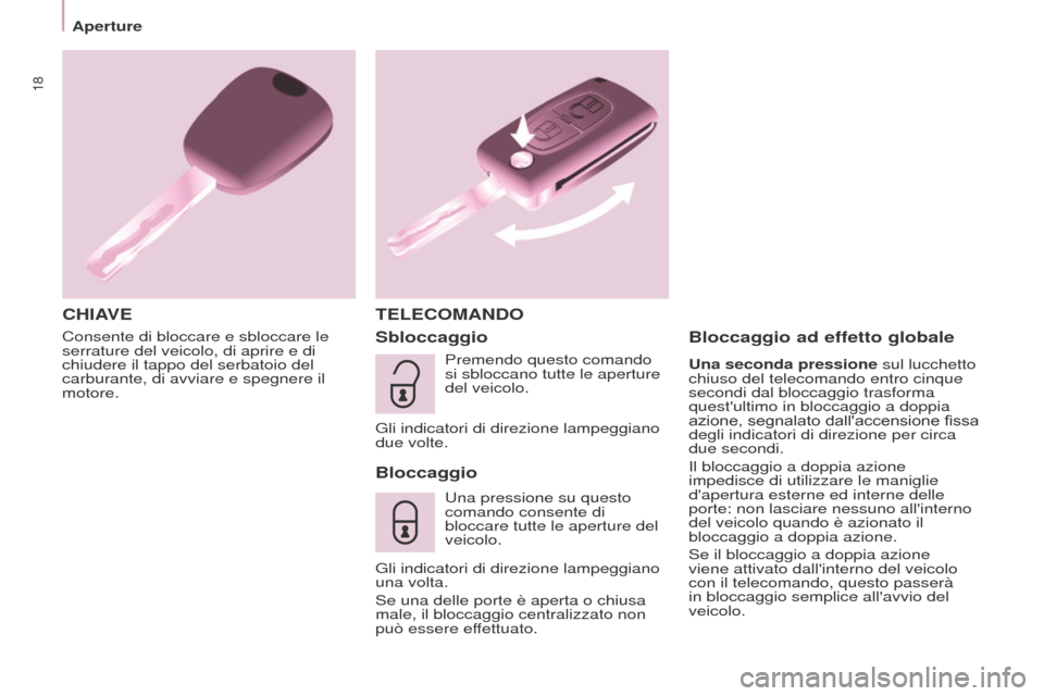 Peugeot Partner Tepee 2016 Manuale del proprietario (in Italian) 18
Aperture
Consente di bloccare e sbloccare le
serrature del veicolo, di aprire e di
chiudere il tappo del serbatoio del
carburante, di avviare e spegnere il
motore.
CHIAVET ELECOMANDO
Sbloccaggi Peugeot Partner Tepee 2016 Manuale del proprietario (in Italian) 18
Aperture
Consente di bloccare e sbloccare le
serrature del veicolo, di aprire e di
chiudere il tappo del serbatoio del
carburante, di avviare e spegnere il
motore.
CHIAVET ELECOMANDO
Sbloccaggi