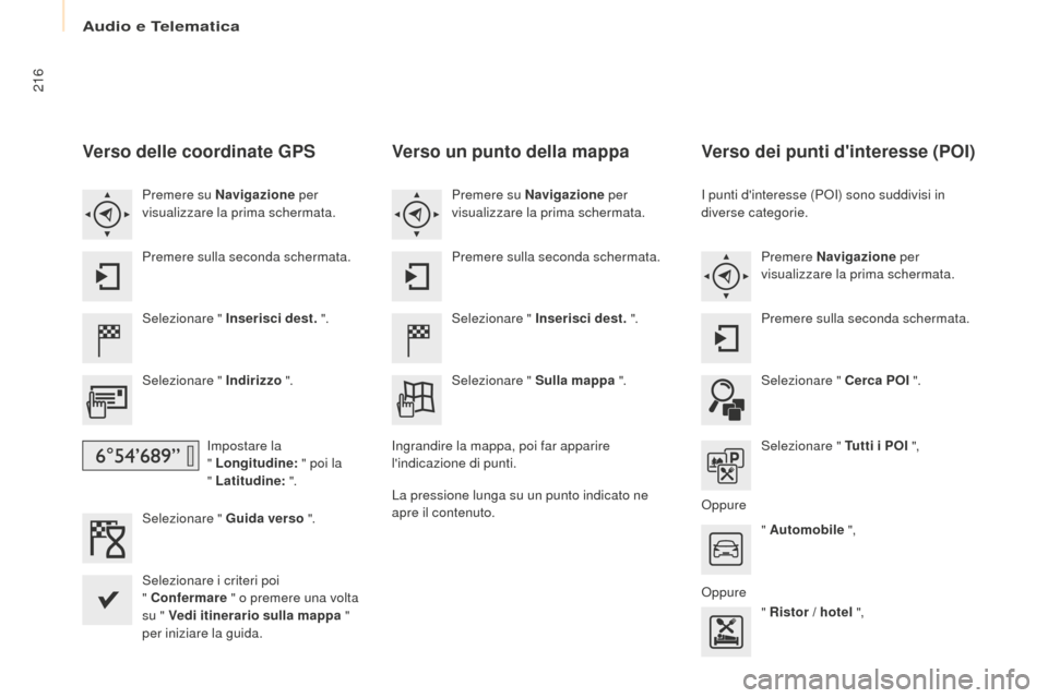 Peugeot Partner Tepee 2016 Manuale del proprietario (in Italian) 216
Verso delle coordinate GPS
Selezionare " Inserisci dest. ".
Selezionare " Indirizzo ".
Impostare la
" Longitudine: " poi la
" Latitudine: ".
Selezionare " Guida verso ".
Selezionare i crit Peugeot Partner Tepee 2016 Manuale del proprietario (in Italian) 216
Verso delle coordinate GPS
Selezionare " Inserisci dest. ".
Selezionare " Indirizzo ".
Impostare la
" Longitudine: " poi la
" Latitudine: ".
Selezionare " Guida verso ".
Selezionare i crit