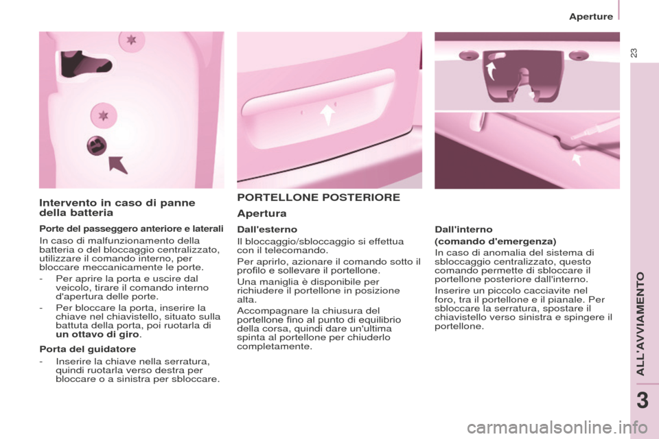 Peugeot Partner Tepee 2016  Manuale del proprietario (in Italian) 23
Aperture
Intervento in caso di panne 
della batteria
Porte del passeggero anteriore e laterali
In caso di malfunzionamento della 
batteria o del bloccaggio centralizzato, 
utilizzare il comando int
