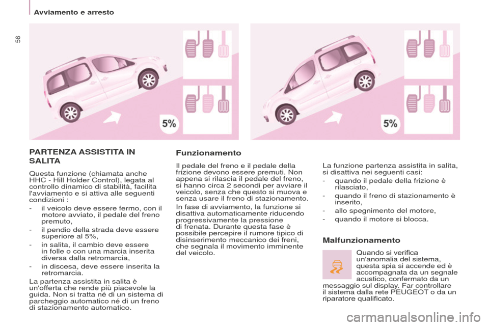 Peugeot Partner Tepee 2016  Manuale del proprietario (in Italian) 56
PARTENZA ASSISTITA IN  
SALIT

A
Questa funzione (chiamata anche 
HHC - Hill Holder Control), legata al 
controllo dinamico di stabilità, facilita 
lavviamento e si attiva alle seguenti 
condizio