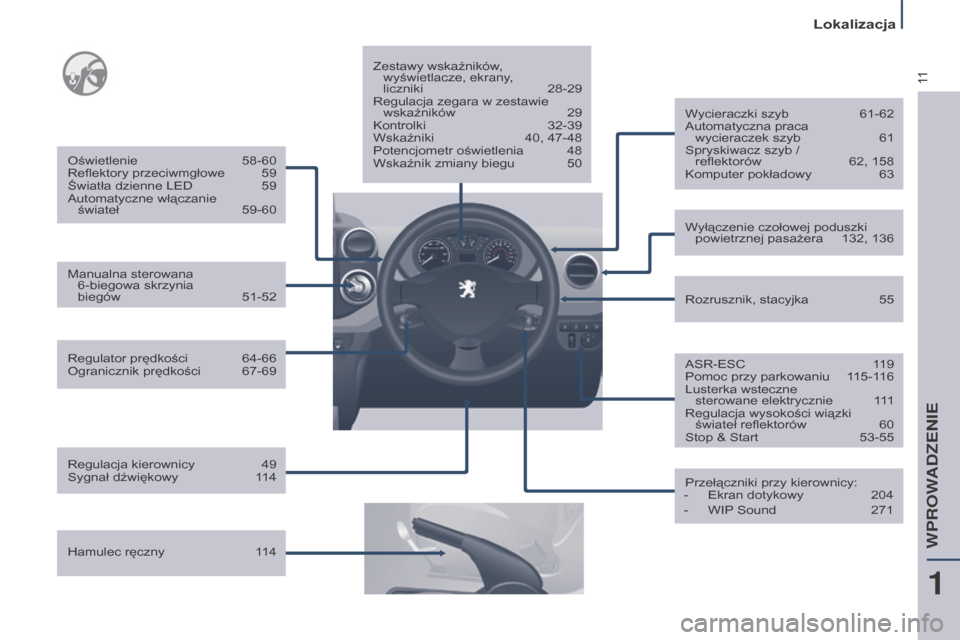 Peugeot Partner Tepee 2016  Instrukcja Obsługi (in Polish) 11
Lokalizacja
Partner-2-VP_pl_Chap01_vue-ensemble_ed02-2015
Regulator prędkości 64-66
Ogranicznik prędkości  67-69
Oświetlenie
 
58-60
Reflektory przeciwmgłowe
  
59
Światła dzienne LED
  
59