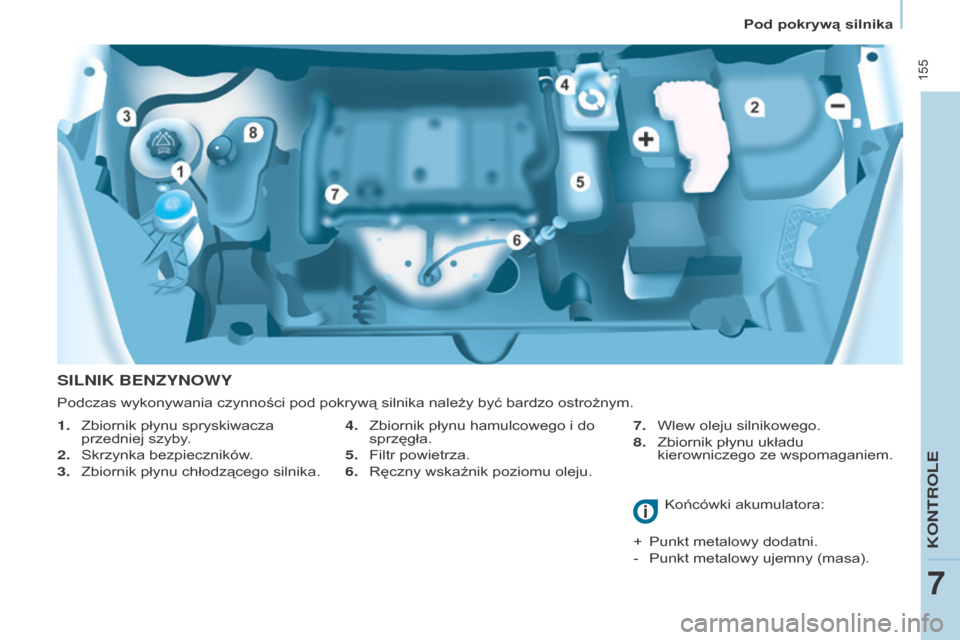 Peugeot Partner Tepee 2016  Instrukcja Obsługi (in Polish)  155
PARTNER-2-VP_PL_CHAP07_VERIFICATION_ED02-2015PARTNER-2-VP_PL_CHAP07_VERIFICATION_ED02-2015
SILNIK BENZYNOWY
1. Zbiornik płynu spryskiwacza 
przedniej szyby
.
2.
 
Skrzynka bezpieczników
 .
3.
 