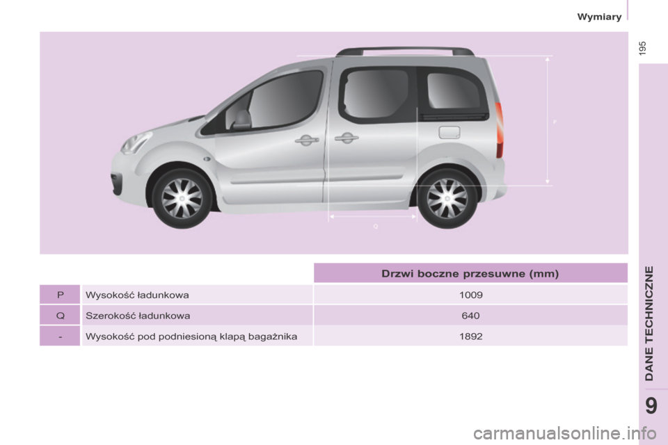 Peugeot Partner Tepee 2016  Instrukcja Obsługi (in Polish)  195
Partner-2-VP_pl_Chap09_Caract-technique_ed02-2015
PWysokość ładunkowa 1009
Q Szerokość ładunkowa 640
- Wysokość pod podniesioną klapą bagażnika 1892
Drzwi boczne przesuwne (mm) 
Wymiar
