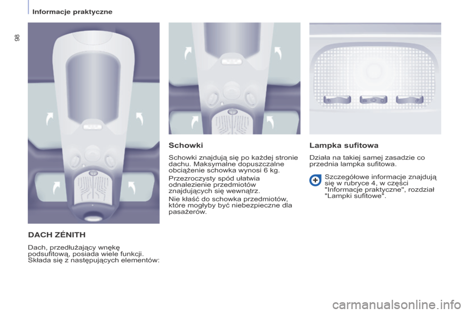 Peugeot Partner Tepee 2016  Instrukcja Obsługi (in Polish) 98
PARTNER-2-VP_PL_CHAP04_ERGONOMIE_ED02-2015PARTNER-2-VP_PL_CHAP04_ERGONOMIE_ED02-2015
DACH ZéNITH
Dach, przedłużający wnękę 
podsufitową, posiada wiele funkcji. 
Składa się z
 
następując