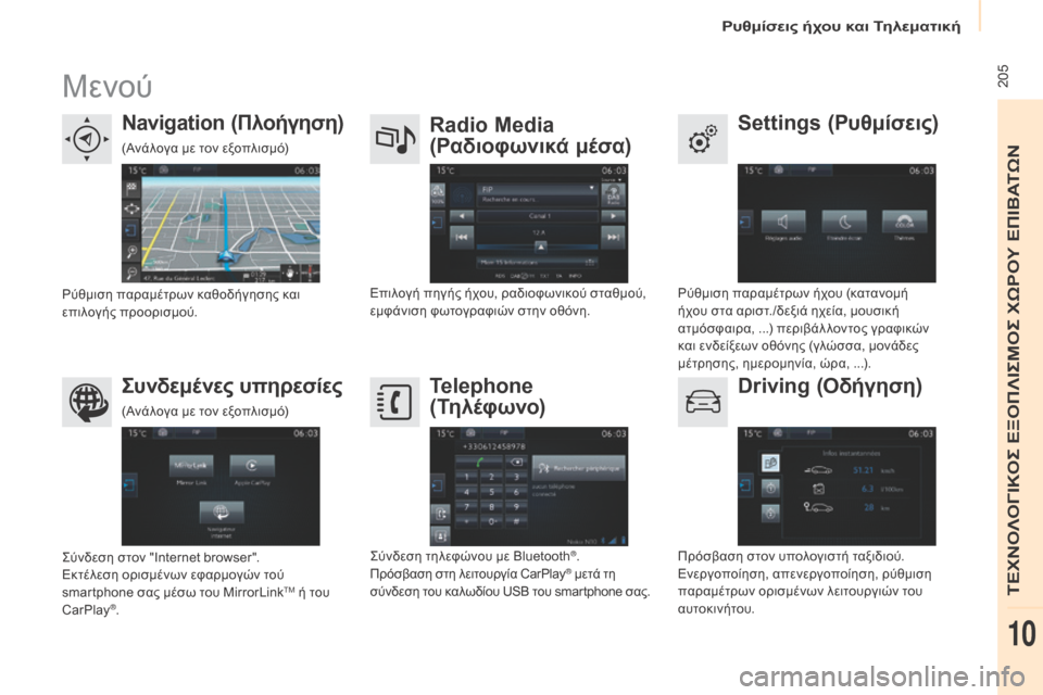 Peugeot Partner Tepee 2016  Εγχειρίδιο χρήσης (in Greek)  205Μενού
settings (Ρυθμίσεις)rad
io me
dia 
(Ραδιοφωνικά μέσα)
Navigation (Πλοήγηση)
Driving (Οδήγηση)
Συνδεμένες υπηρεσίες Telephone 
(