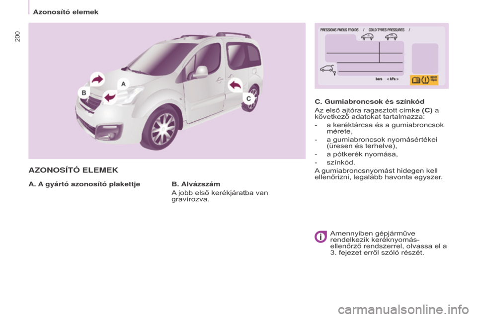 Peugeot Partner Tepee 2015.5  Kezelési útmutató (in Hungarian) 200
Partner-2-VP_hu_Chap09_Caract-technique_ed02-2015Partner-2-VP_hu_Chap09_Caract-technique_ed02-2015
AZONOSÍTÓ ELEMEK
A. A gyártó azonosító plakettjeC. Gumiabroncsok és színkód
Az első ajt