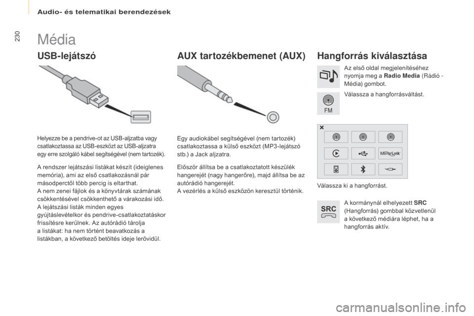 Peugeot Partner Tepee 2015.5  Kezelési útmutató (in Hungarian) Audio- és telematikai berendezések
230
Partner-2-VP_hu_Chap10a_SMEGplus_ed02-2015
Média
USB-lejátszóHangforrás kiválasztása
A kormánynál elhelyezett SRC 
(Hangforrás) gombbal közvetlenül 