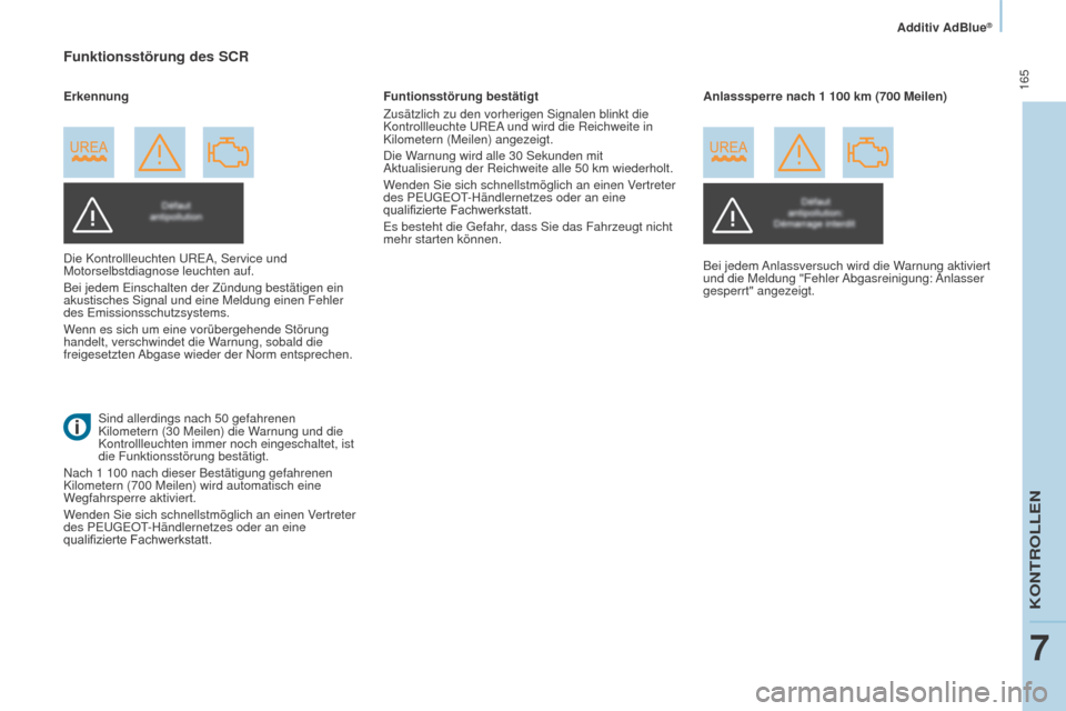 Peugeot Partner Tepee 2015 Betriebsanleitung (in German) 165
Partner-2-VP_de_Chap07_Verification_ed01-2015Partner-2-VP_de_Chap07_Verification_ed01-2015
Funktionsstörung des SCR
Die Kontrollleuchten UREA, Service und
Motorselbstdiagnose leuchten auf.
Bei Peugeot Partner Tepee 2015 Betriebsanleitung (in German) 165
Partner-2-VP_de_Chap07_Verification_ed01-2015Partner-2-VP_de_Chap07_Verification_ed01-2015
Funktionsstörung des SCR
Die Kontrollleuchten UREA, Service und
Motorselbstdiagnose leuchten auf.
Bei