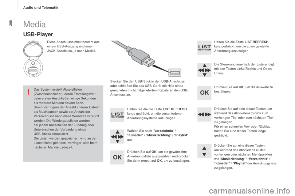 Peugeot Partner Tepee 2015  Betriebsanleitung (in German) 268
Partner-2-VP_de_Chap10b_RD45_ed01-2015
Media
USB- Player
Diese Anschlusseinheit besteht aus 
einem USB-Ausgang und einem 
JACK-Anschluss, je nach Modell.Stecken Sie den USB-Stick in den USB-Anschl
