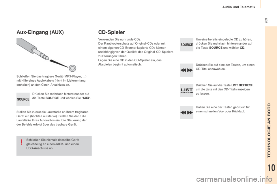 Peugeot Partner Tepee 2015  Betriebsanleitung (in German)  269
Partner-2-VP_de_Chap10b_RD45_ed01-2015
Aux-Eingang (AUX)
Schließen Sie das tragbare Gerät (MP3 -Player, …) 
mit Hilfe eines Audiokabels (nicht im Lieferumfang 
enthalten) an den Cinch-Anschlu