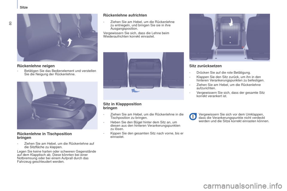 Peugeot Partner Tepee 2015  Betriebsanleitung (in German) 80
Partner-2-VP_de_Chap04_Ergonomie_ed01-2015Partner-2-VP_de_Chap04_Ergonomie_ed01-2015
Rückenlehne neigenRückenlehne in Tischposition   
bringen Rückenlehne aufrichten
Sitz in Klappposition   
bri