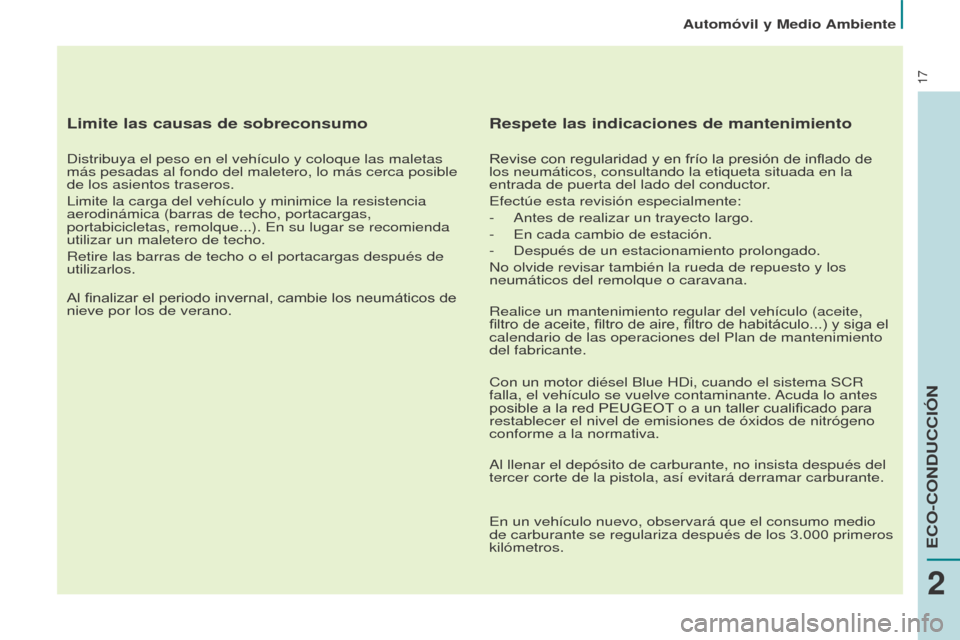 Peugeot Partner Tepee 2015 Manual del propietario (in Spanish) 17
Partner-2-VP_es_Chap02_eco-conduite_ed01-2015
Limite las causas de sobreconsumo
Distribuya el peso en el vehículo y coloque las maletas
más pesadas al fondo del maletero, lo más cerca posible
Peugeot Partner Tepee 2015 Manual del propietario (in Spanish) 17
Partner-2-VP_es_Chap02_eco-conduite_ed01-2015
Limite las causas de sobreconsumo
Distribuya el peso en el vehículo y coloque las maletas
más pesadas al fondo del maletero, lo más cerca posible