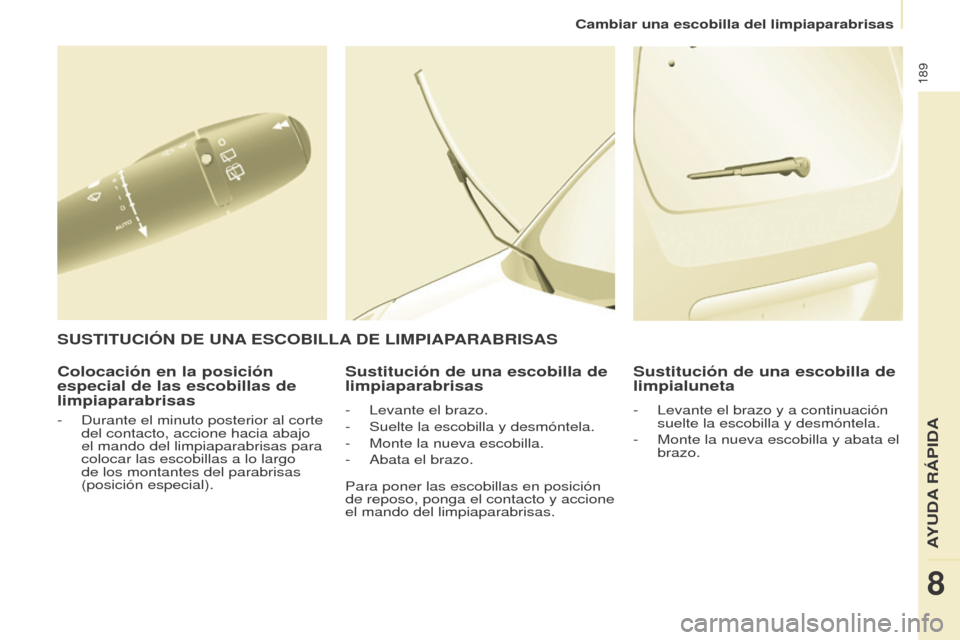 Peugeot Partner Tepee 2015  Manual del propietario (in Spanish) 189
Partner-2-VP_es_Chap08_Aide-rapide_ed01-2015Partner-2-VP_es_Chap08_Aide-rapide_ed01-2015
Colocación en la posición 
especial de las escobillas de 
limpiaparabrisasSustitución de una escobilla d