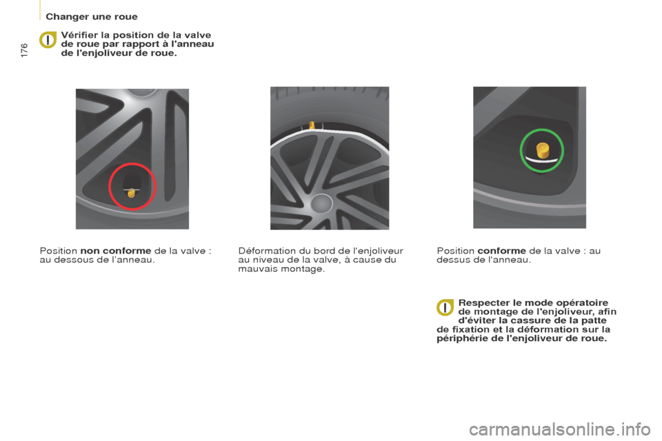 Peugeot Partner Tepee 2015  Manuel du propriétaire (in French) 176
Vérifier la position de la valve 
de roue par rapport à lanneau 
de lenjoliveur de roue.
Position non conforme de la valve : 
au dessous de l’anneau. Respecter le mode opératoire 
de montag