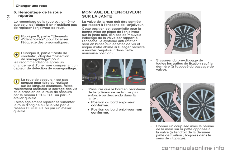 Peugeot Partner Tepee 2014.5 Manuel du propriétaire (in French) 164
MONTAGE DE LENJOLIVEUR
SUR
LA
JANTE
La valve de la roue doit être centrée
par rapport à lencoche de lenjoliveur.
Cette position est essentielle pour la
bonne mise en place de lenjol Peugeot Partner Tepee 2014.5 Manuel du propriétaire (in French) 164
MONTAGE DE LENJOLIVEUR
SUR
LA
JANTE
La valve de la roue doit être centrée
par rapport à lencoche de lenjoliveur.
Cette position est essentielle pour la
bonne mise en place de lenjol