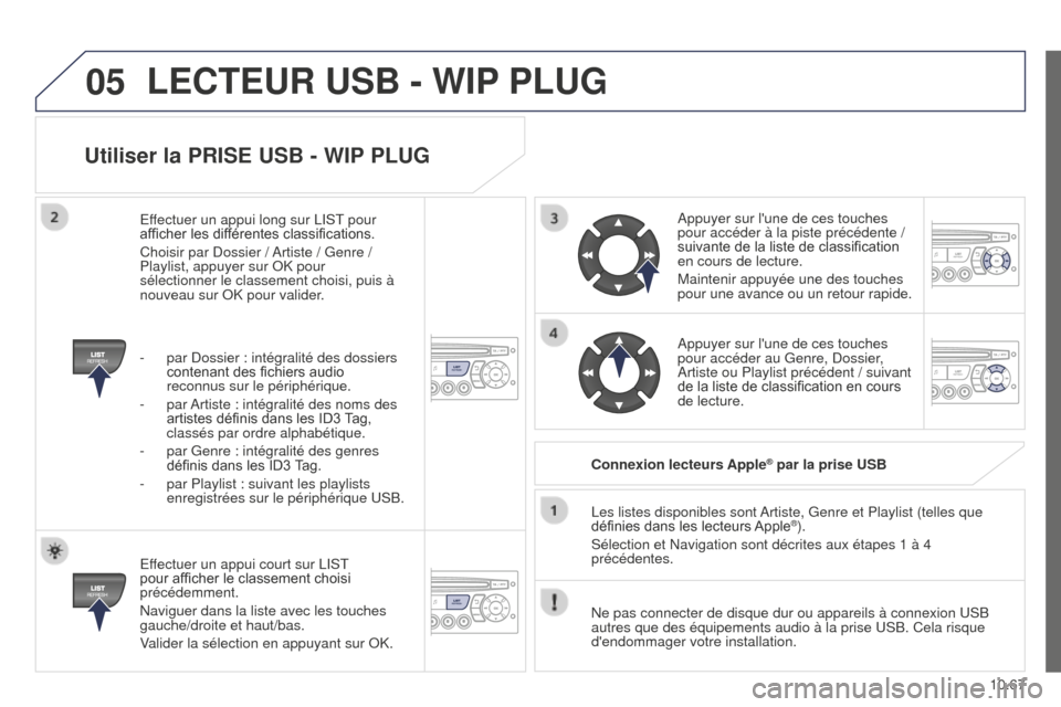 Peugeot Partner Tepee 2014.5  Manuel du propriétaire (in French) 05
10.67
Utiliser la PRISE USB - WIP PLUG
Effectuer un appui court sur LIST 
pour afficher le classement choisi 
précédemment.
Naviguer dans la liste avec les touches 
gauche/droite et haut/bas.
Val