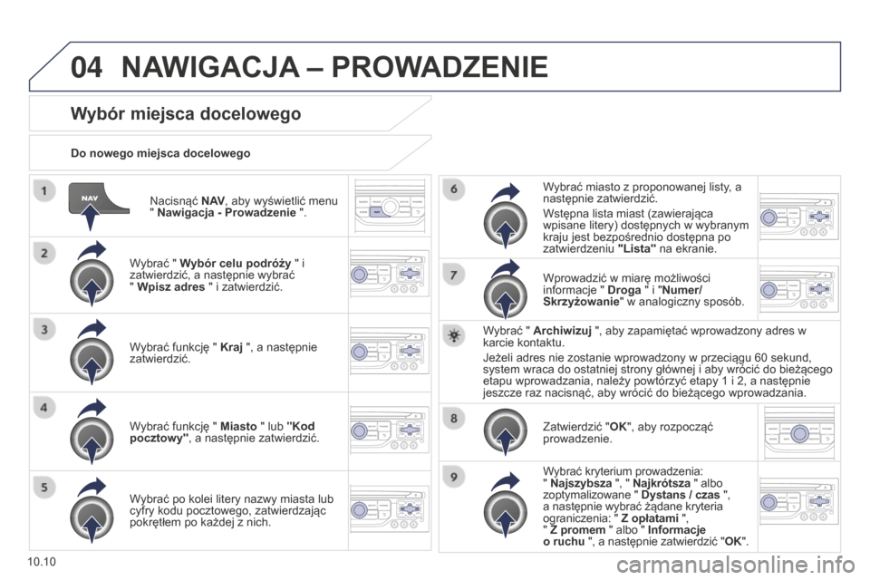 Peugeot Partner Tepee 2014.5  Instrukcja Obsługi (in Polish) 04
10.10
Partner_2_VP_pl_Chap10b_RT6-2-8_ed02-2014
Nacisnąć N AV, aby wyświetlić menu 
" Nawigacja - Prowadzenie ".
Do nowego miejsca docelowego
Wybór miejsca docelowego
Wybrać " Wybór celu pod