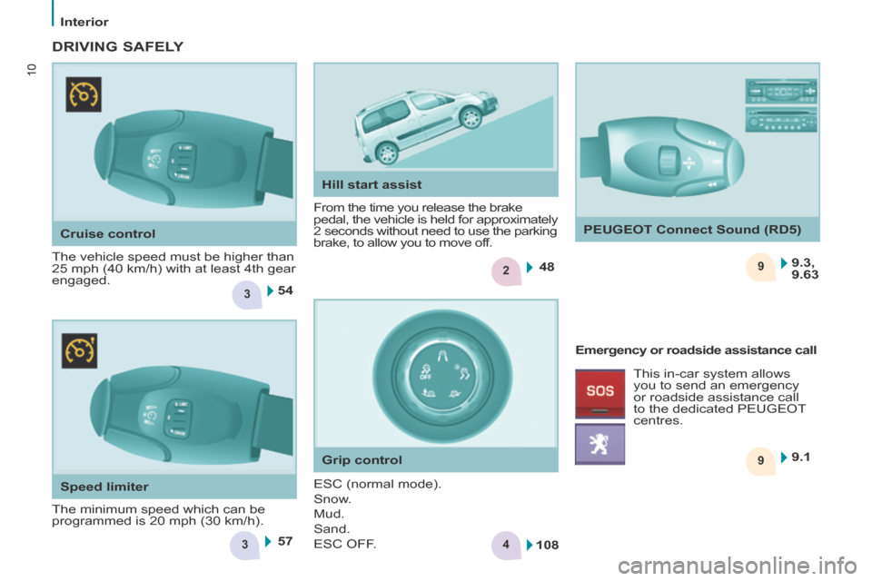 Peugeot Partner Tepee 2014  Owners Manual - RHD (UK, Australia) 3
2
3
9 9
4
5448
57 9.1
9.3,
9.63
108
10
   Interior   
10
  Cruise  control 
 The vehicle speed must be higher than 
25 mph (40 km/h) with at least 4th gear 
engaged.    From the time you release the
