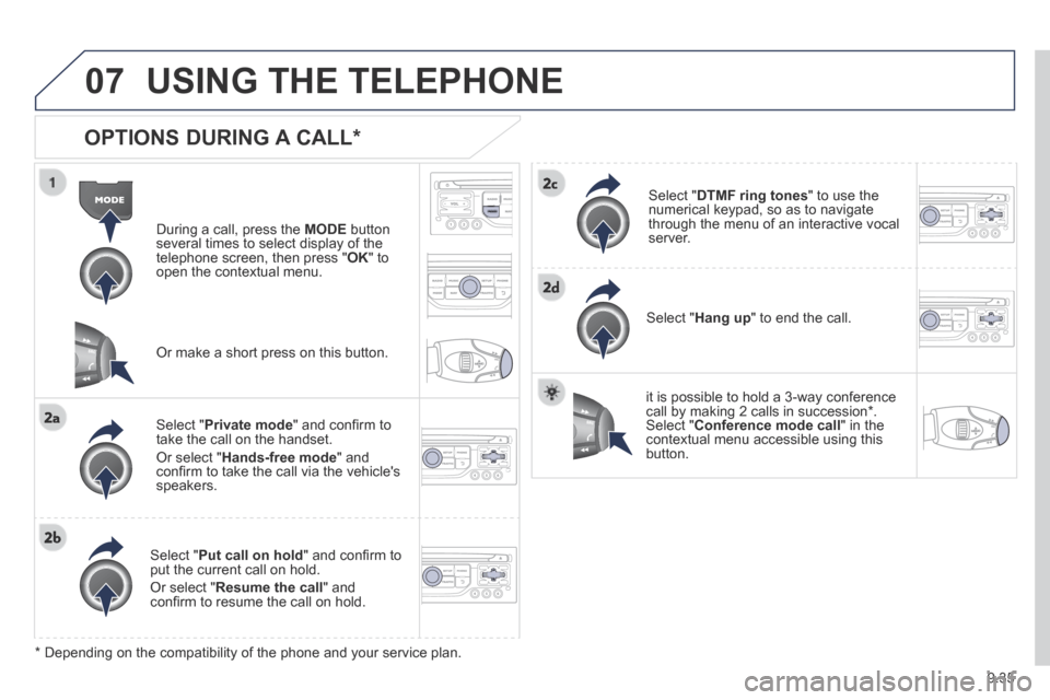 Peugeot Partner Tepee 2014  Owners Manual - RHD (UK, Australia) 9.35
07 USING THE TELEPHONE 
  OPTIONS  DURING  A  CALL *  
  During a call, press the  MODE   button several times to select display of the telephone screen, then press " OK "  to open the contextual