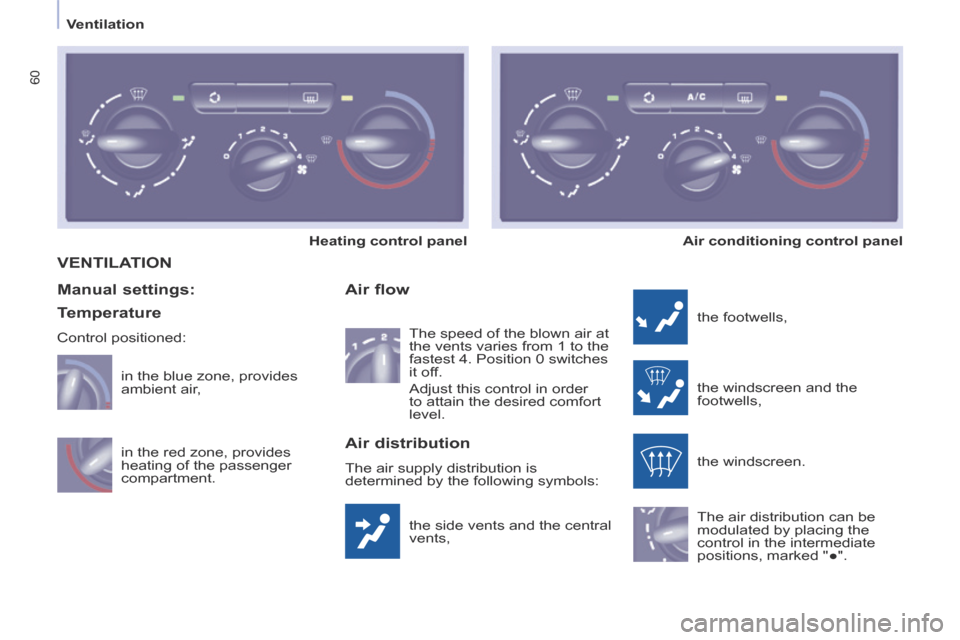 Peugeot Partner Tepee 2014  Owners Manual - RHD (UK, Australia)    Ventilation   
60
 VENTILATION 
 the side vents and the central 
vents, 
  Air  flow 
 the  footwells, 
 the windscreen and the 
footwells, 
 the  windscreen. 
 The air distribution can be 
modulat