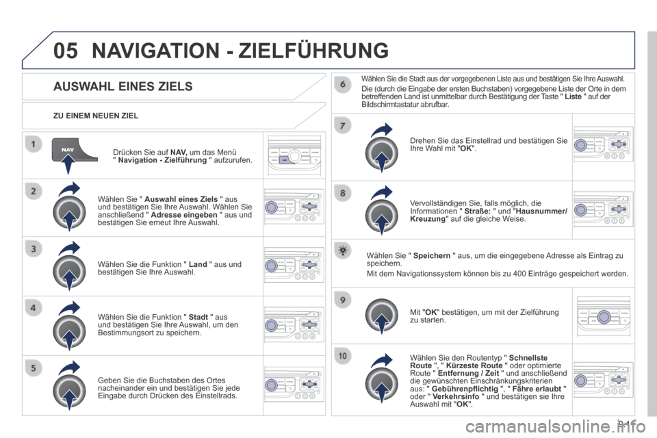 Peugeot Partner Tepee 2014  Betriebsanleitung (in German) 9.11
05
  Drücken Sie auf  N AV,  um das Menü "  Navigation - Zielführung   "  aufzurufen.  
  ZU  EINEM  NEUEN  ZIEL  
 NAVIGATION - ZIELFÜHRUNG 
          AUSWAHL  EINES  ZIELS 
  Wählen Sie " 